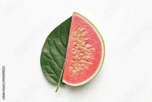 Fototapeta A slice of watermelon with red flesh and black seeds rests on a green leaf, creating a visual juxtaposition