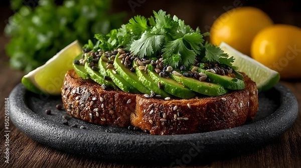 Fototapeta Avocado toast with seeds surrounded by fresh ingredients