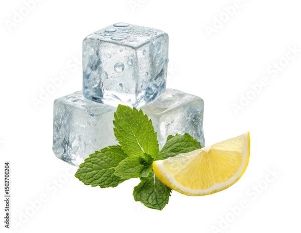 Obraz Three ice cubes with mint leaves and a lemon slice isolated on a transparent background png drinks design 