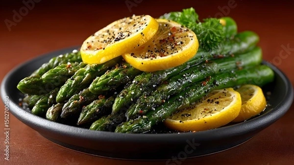 Fototapeta Blanched asparagus arranged neatly with lemon slices and black pepper