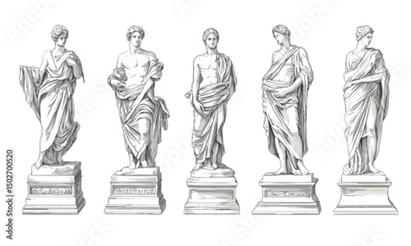 Fototapeta Classic statue elements separated on transparent and white background. Vector set, classic Italian greek style art sculpture, linocut sketch drawing.