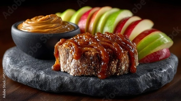 Fototapeta Apple slices dipped in almond butter placed on a slate platter