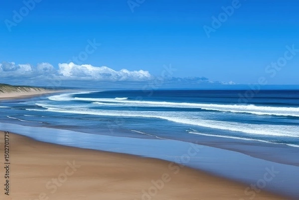 Fototapeta A serene coastal scene with white waves breaking on a sandy beach under a clear blue sky