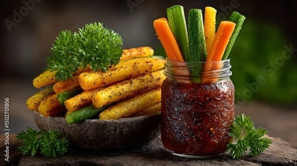 Fototapeta Celery and carrot sticks arranged in a mason jar with dip