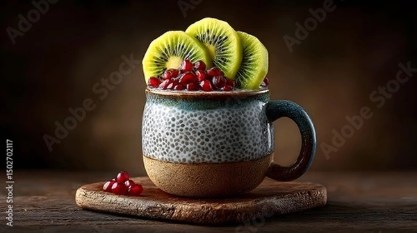 Fototapeta Chia pudding topped with kiwi slices and pomegranate seeds in a mason jar