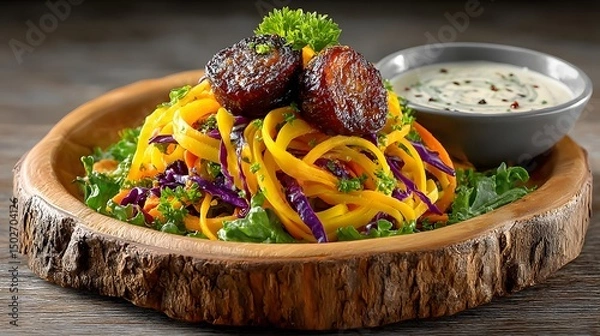 Fototapeta Carrot and beet salad ribbons with tahini dressing on a natural wood tray