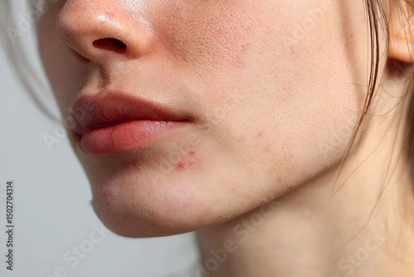 Obraz A woman's face exhibits severe acne, accompanied by a rash, scars, and spots, all of which are allergic reactions to cosmetics