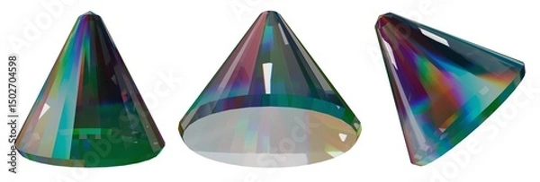 Fototapeta The image is three glass prisms with light diffraction effects on a white background. The prisms create bright color spectra that highlight the optical properties of the glass.
