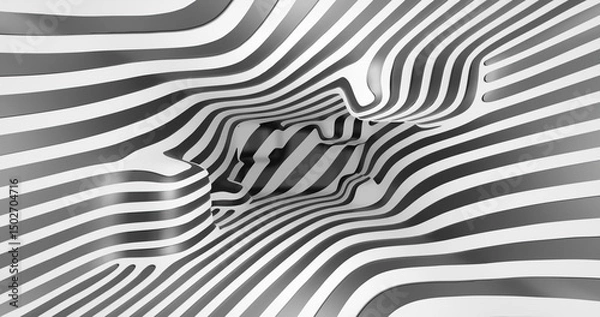 Fototapeta 3d rendering. Abstract black-and-white surface with flowing, undulating lines creating an optical illusion of depth and movement. The intricate pattern resembles a three-dimensional landscape viewed f