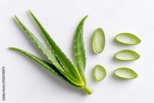 Fototapeta Aloe vera leaf and slices are set against a white background, allowing space for text, representing a natural treatment