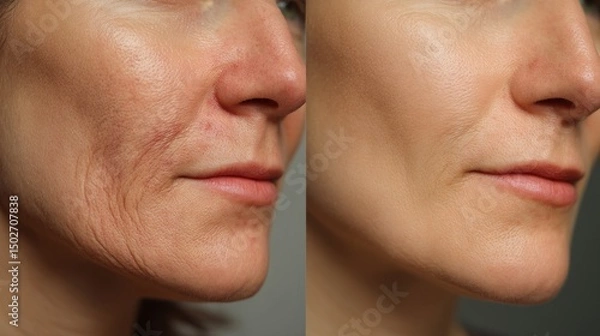 Obraz A young woman's face is shown before and after undergoing acne treatment, highlighting pimples, red scars, and a rash on her cheeks and chin, illustrating problem skin and the importance of proper