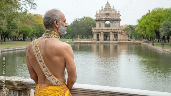 Fototapeta Cultural reflection of a devotee at an ancient temple serene lake photography tranquil setting rear view spiritual journey
