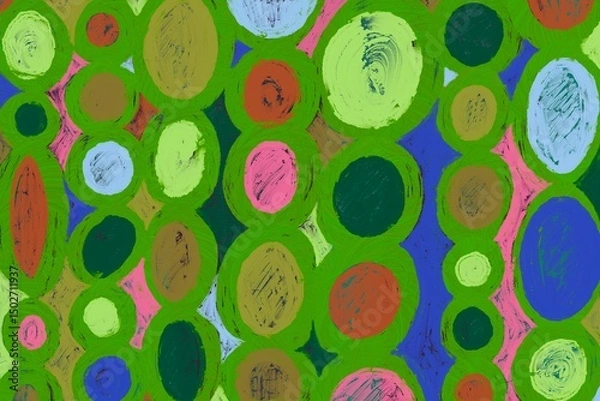 Obraz 油絵のカラフルな丸を使った抽象背景。幾何学的なコンポジション。黄緑・ピンク・水色