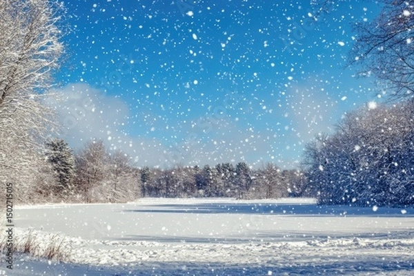 Fototapeta Snow falls on a frozen lake, with a backdrop of bare trees and a blue sky