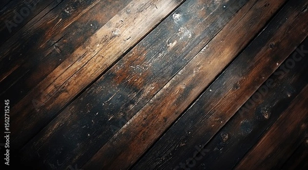 Fototapeta A diagonal pattern of dark brown wood planks with a spotlight shining from the top left corner