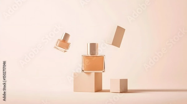 Fototapeta 3D render showcases falling nail polish bottles and geometric blocks on a beige background.