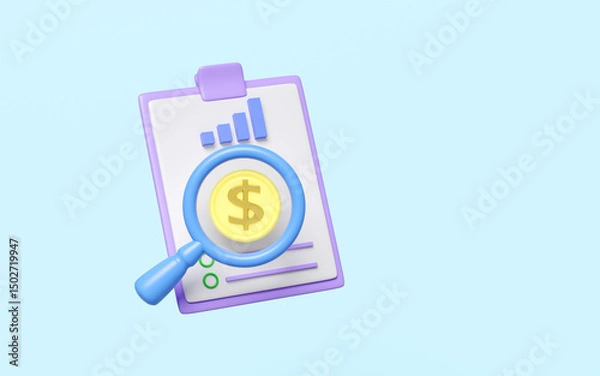 Obraz 3d magnifying glass with clipboard, checklist paper, dollar coin, bar graph isolated on blue background. analysis business financial data, business strategy concept, 3d render illustration