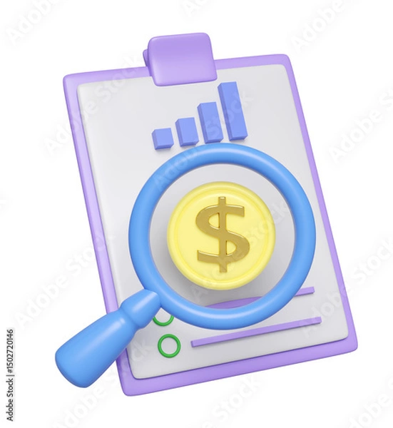 Fototapeta 3d magnifying glass with clipboard, checklist paper, dollar coin, bar graph isolated. analysis business financial data, business strategy concept, 3d render illustration