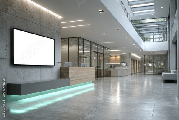 Fototapeta Contemporary Office Reception with Minimalist Design. Sleek lobby featuring a blank digital screen.