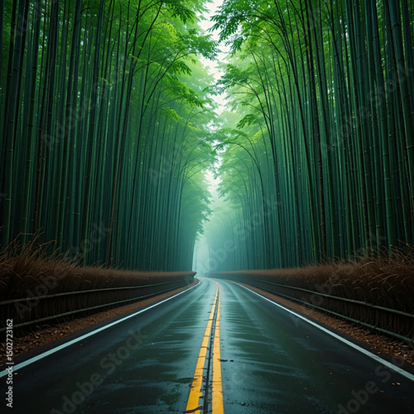 Fototapeta Driving through bamboo forest on a wet road creates moody scene
