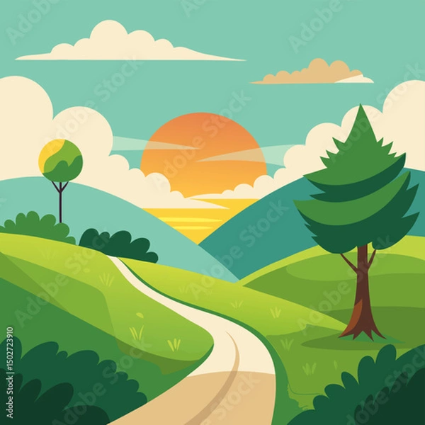 Fototapeta Rolling landscape with trees and distant mountains under sky with clouds