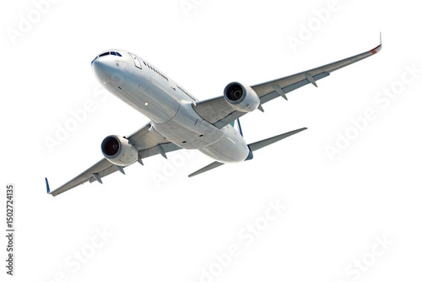Obraz Airplane soaring high in a clear blue sky, isolated PNG with transparent background. Realistic white jet airliner in mid-flight, perfect for travel, aviation, or transportation-themed design.