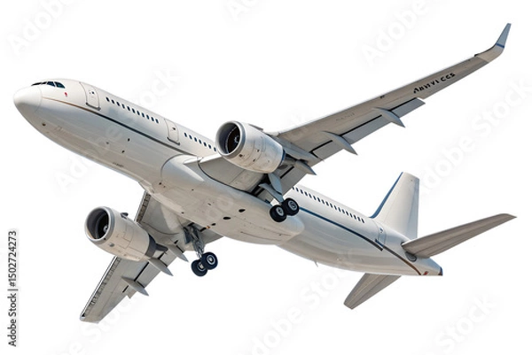 Fototapeta Airplane soaring high in a clear blue sky, isolated PNG with transparent background. Realistic white jet airliner in mid-flight, perfect for travel, aviation, or transportation-themed design.