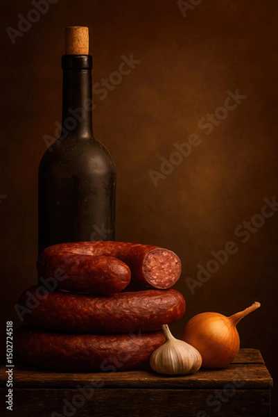 Obraz rings of homemade sausage with dusty bottle of wine on old wooden box in semi-darkness of pantry against brown adobe wall with round light gradient. simple country food. vertical rustic still life wit