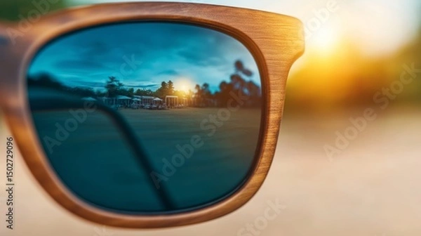 Fototapeta Sunglasses Reflection: A close-up view of wooden sunglasses with a reflective lens capturing a vibrant sunset scene, evoking a sense of summer and leisure. 