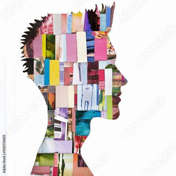 Fototapeta Abstract colorful silhouette of a guy in profile made in collage technique isolated on a white background