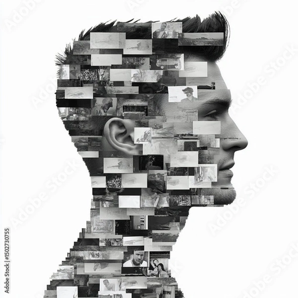 Fototapeta Abstract photo of a man in profile consisting of different black and white pieces of paper isolated on a white background