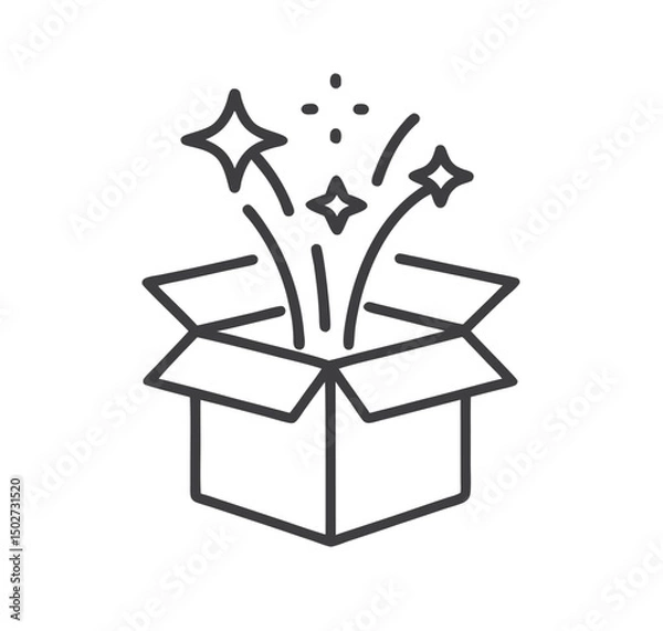 Fototapeta Gift box open icon in line style, Magic box and magic stars, Surprise symbol. vector illustration