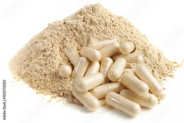 Obraz Ashwagandha powder and capsules as supplement isolated on white background