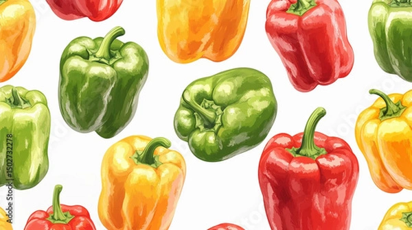 Fototapeta Drawn colorful fresh peppers on a white background, the background with peppers