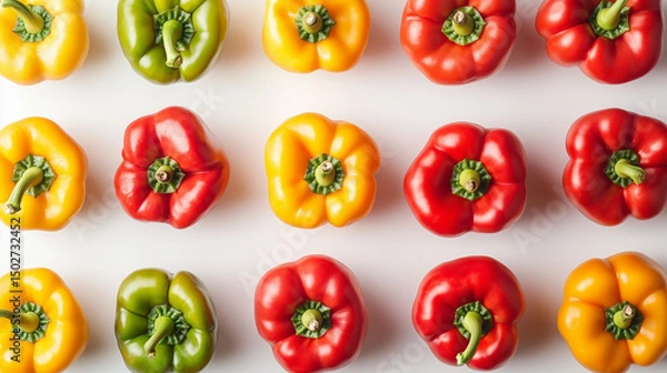 Fototapeta Pattern of many colorful fresh peppers on a white background, top view