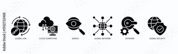 Fototapeta Global Connectivity Icon Set Isolated Vector With Icon Of Global Link, Cloud Computing, Search, Global Network, Keyword, Global Security In Glyph Style
