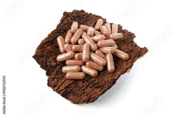 Obraz Pinebark capsules as supplement on pine bark  isolated on white background