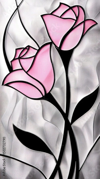 Fototapeta Beautiful elegant delicate background with pink roses on a light background with curved lines