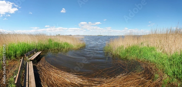 Obraz Blick auf die Nordsee mit Schilfgras, Windräder auf einer Insel und Schilf im Wasser