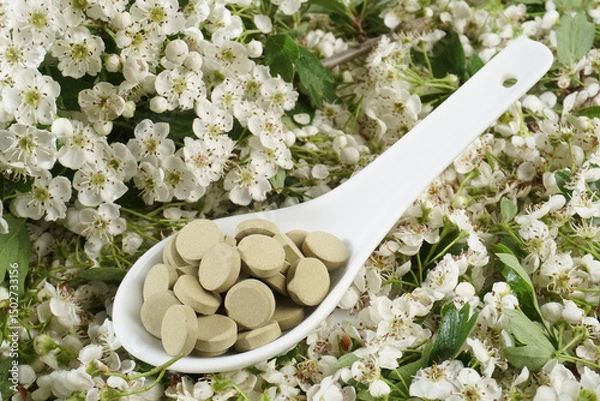 Obraz Hawthorn blossoms with tablets as supplement - Background