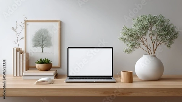 Fototapeta minimalist workspace with laptop, white desk, blank screen, white wall, no clutter