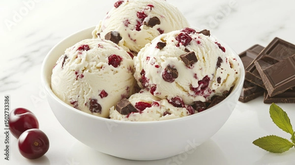 Fototapeta Vanilla ice cream with chocolate chips and cherries in a bowl standing on the table