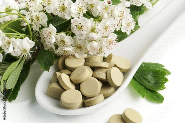 Obraz Weißdorn mit Blüten und Tabletten