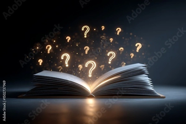 Obraz open book with glowing lights question marks