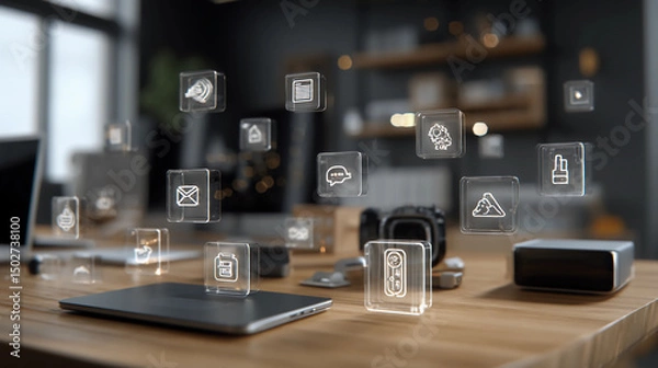 Obraz Clean office background with floating holographic icons, tech product display