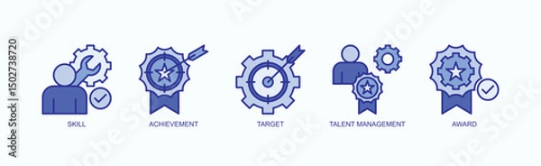 Obraz Mastery Unlocked Icon Set Isolated Vector With Icon Of Skill, Achievement, Target, Talent Management, Award In Blue Style