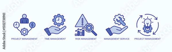 Obraz Mastering Management Icon Set Isolated Vector With Icon Of Project Management, Time Management, Risk Management, Management Service, Project Management In Blue Style