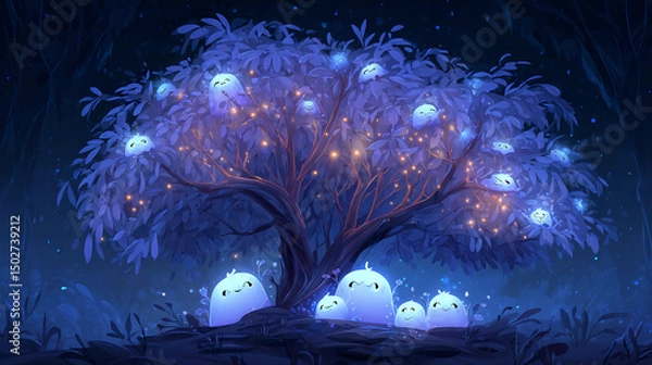 Obraz Cute alien-like cartoon creatures glowing under magical tree, bedtime fantasy