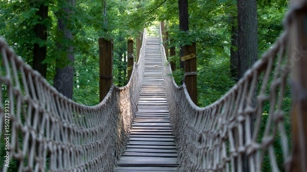Fototapeta Rope bridge suspended in lush green forest for walking or climbing adventure experience, part of a fun eco nature tour in outdoor food-themed park, promoting eco travel, exploration and recreation