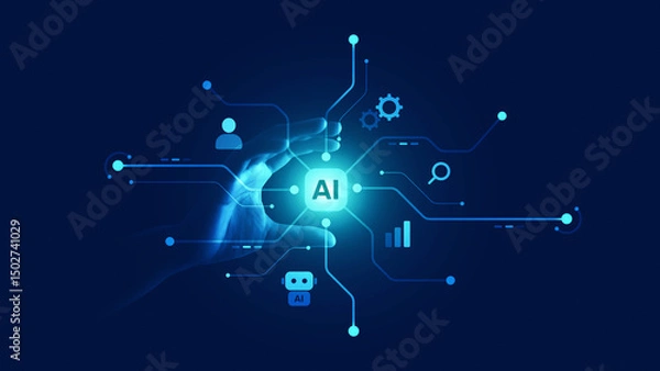Fototapeta AI digital technology connection network with Data hand computer internet ai innovation system.